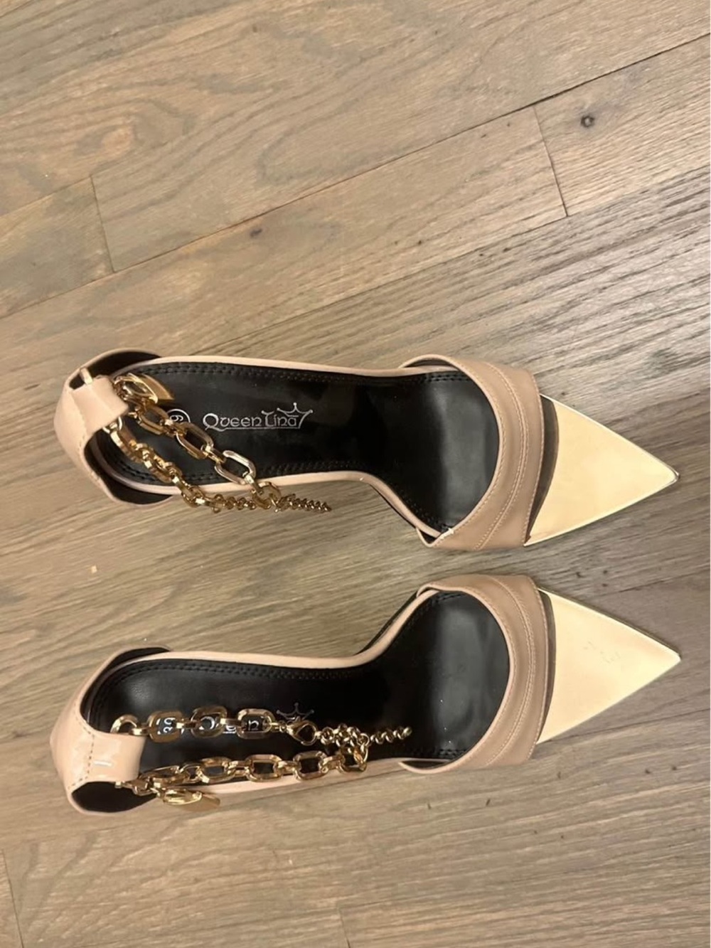 Women's Two-Tone Pointed Toe Chain Ankle Strap Pumps - Nude/Beige